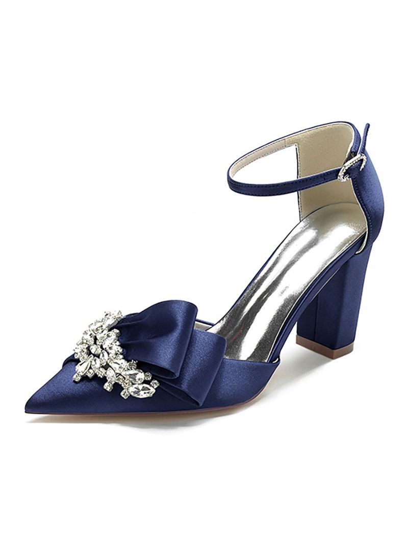 Chaussures Mariage Pour Femmes Strass Satin Bout Pointu Talon Épais Mariée - Bleu Profond