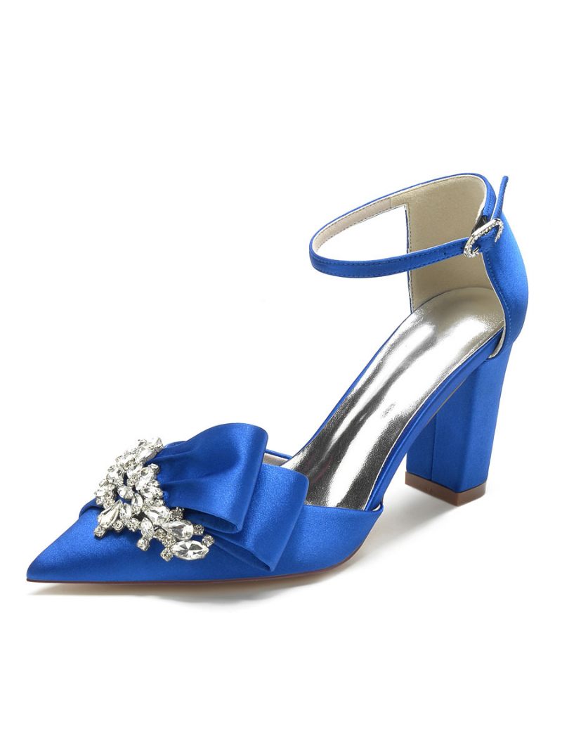 Chaussures Mariage Pour Femmes Strass Satin Bout Pointu Talon Épais Mariée - Bleu Royal