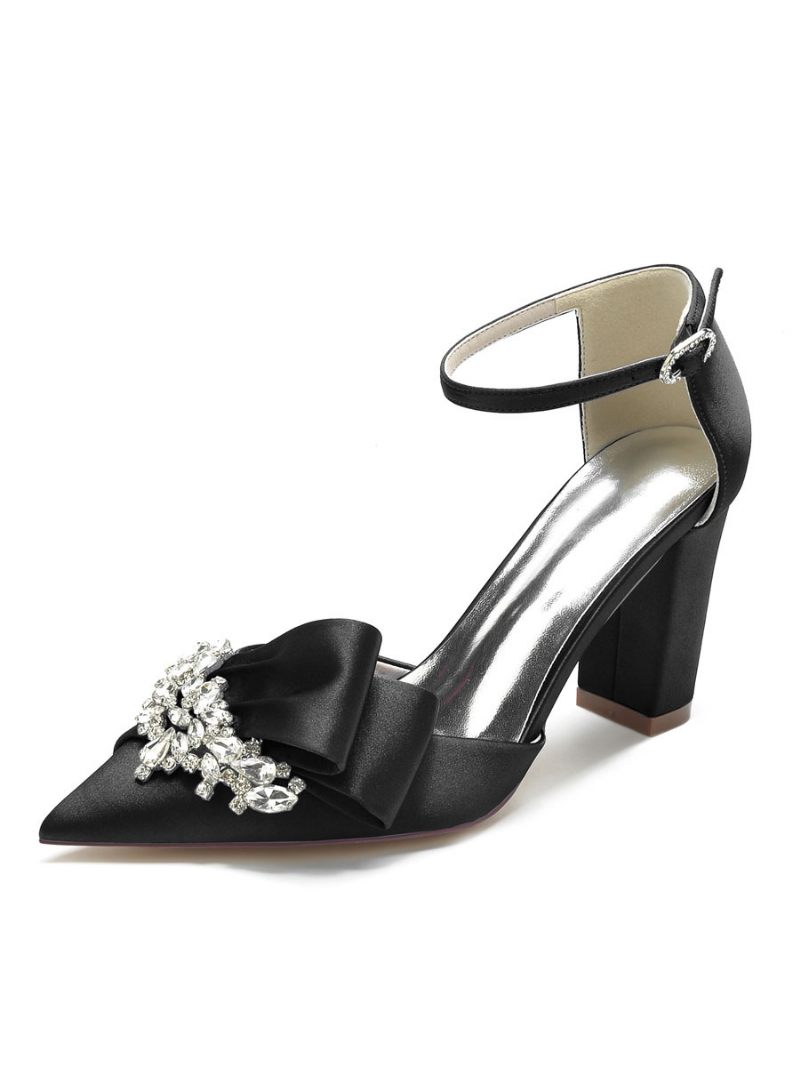 Chaussures Mariage Pour Femmes Strass Satin Bout Pointu Talon Épais Mariée - Noir