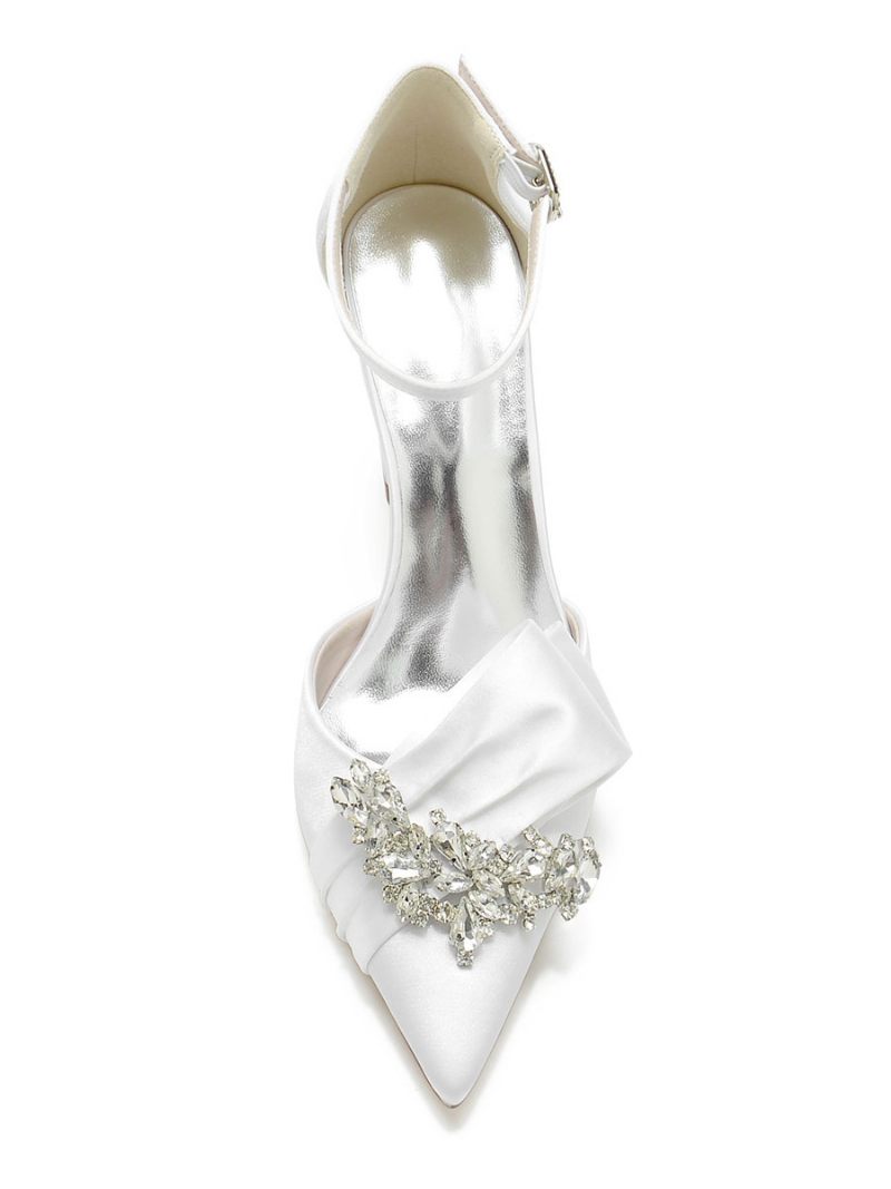 Chaussures Mariage Pour Femmes Strass Satin Bout Pointu Talon Épais Mariée - Blanc