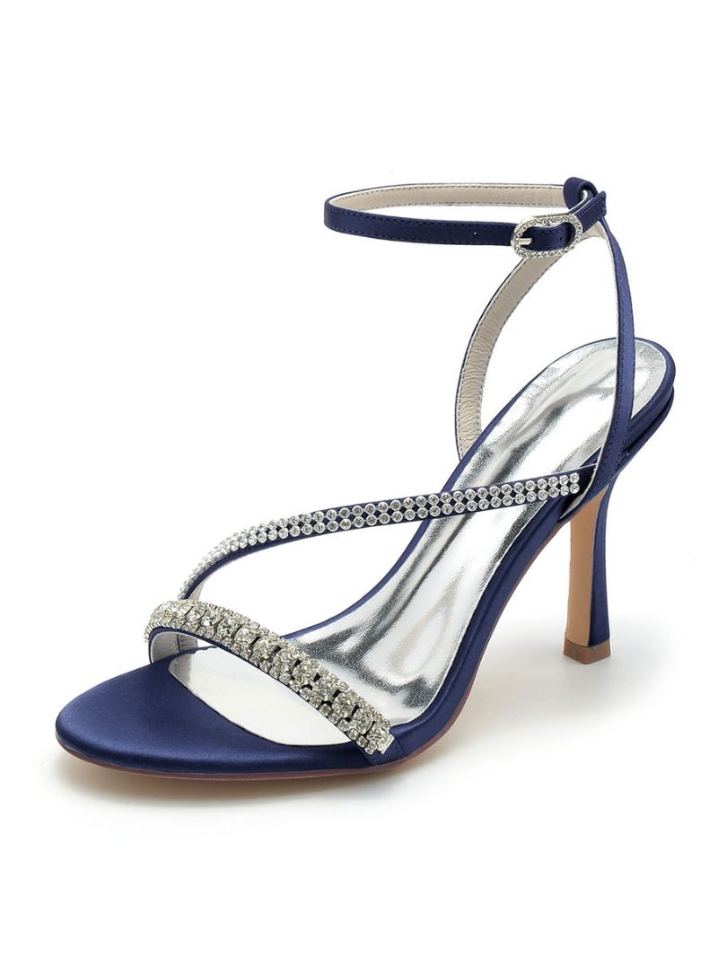 Chaussures Mariage Pour Femmes Strass Satiné Bout Ouvert Talon Aiguille Mariée - Bleu Profond