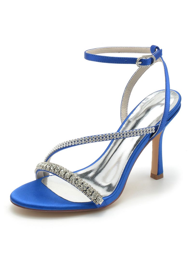 Chaussures Mariage Pour Femmes Strass Satiné Bout Ouvert Talon Aiguille Mariée - Bleu Royal