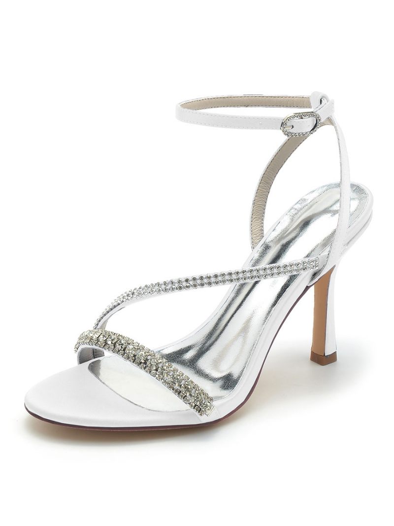 Chaussures Mariage Pour Femmes Strass Satiné Bout Ouvert Talon Aiguille Mariée - Blanc