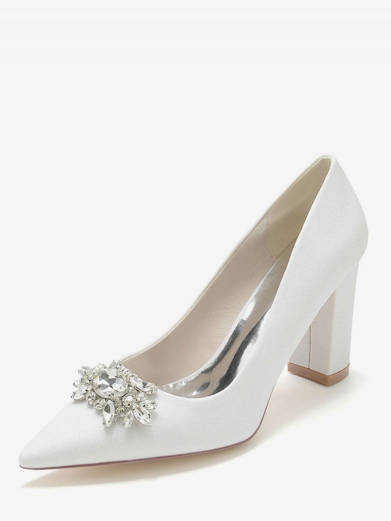 Chaussures Mariage Pour Femmes Strass Tissu Pailleté Bout Pointu Talon Épais Mariée - Blanc