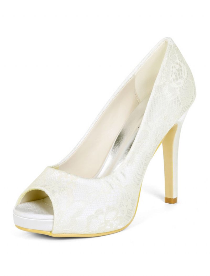 Chaussures Mariage Ivoire Pour Femmes Dentelle Peep Toe Talon Haut Mère Des Mariée - Ivoire