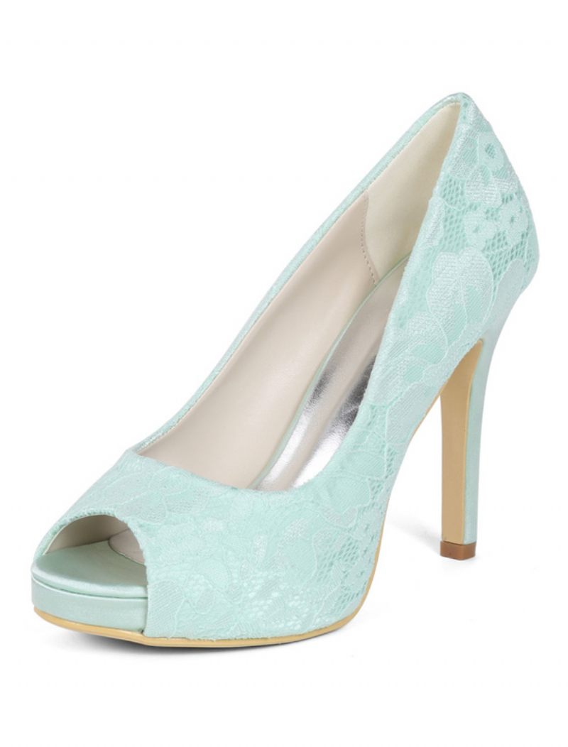 Chaussures Mariage Ivoire Pour Femmes Dentelle Peep Toe Talon Haut Mère Des Mariée - Vert Clair