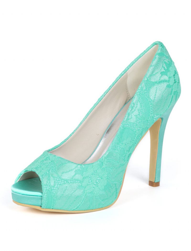 Chaussures Mariage Ivoire Pour Femmes Dentelle Peep Toe Talon Haut Mère Des Mariée - Vert Menthe