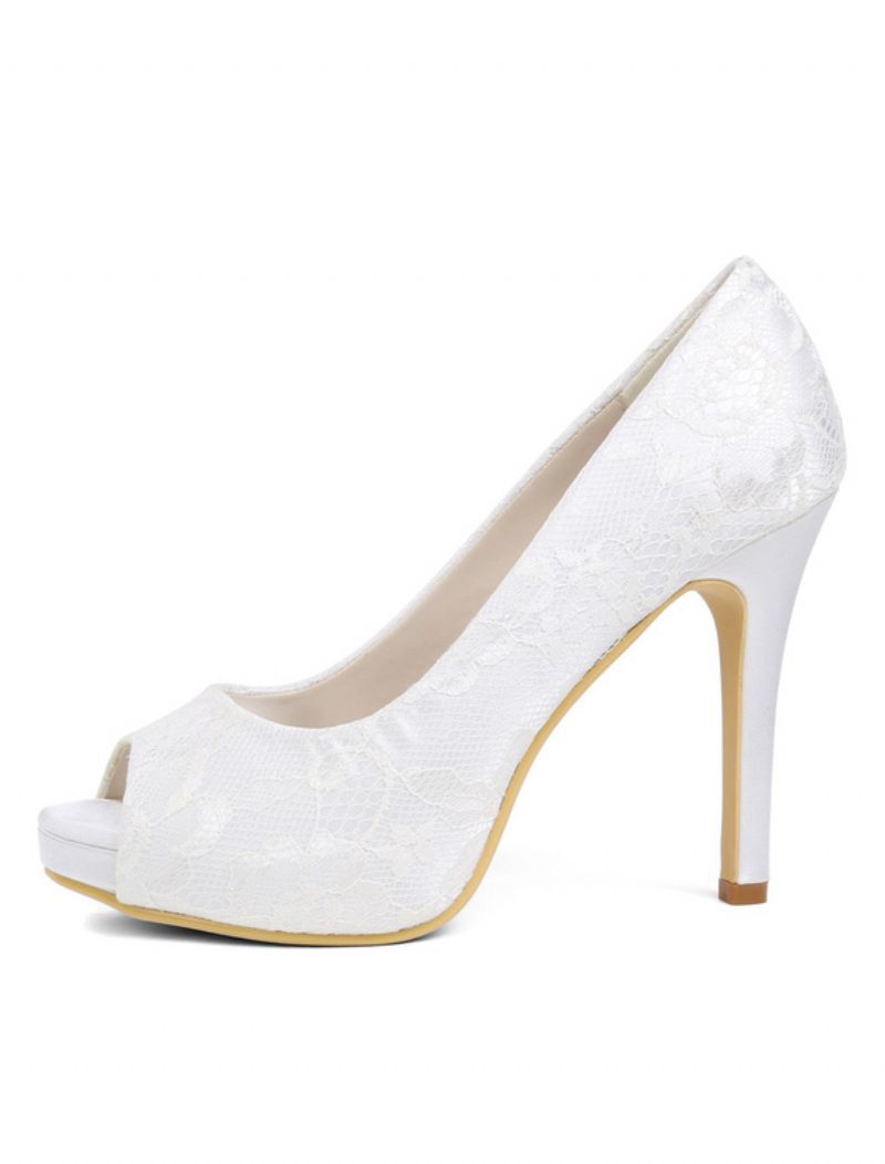 Chaussures Mariage Ivoire Pour Femmes Dentelle Peep Toe Talon Haut Mère Des Mariée - Blanc