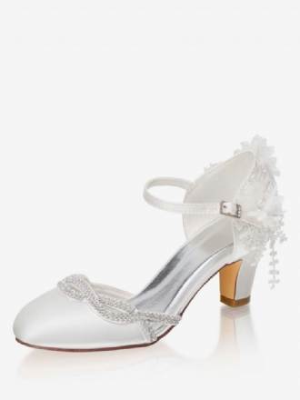 Chaussures Mariage Ivoire Pour Femmes Satin Bout Rond Strass Talon Épais Mariée Mi