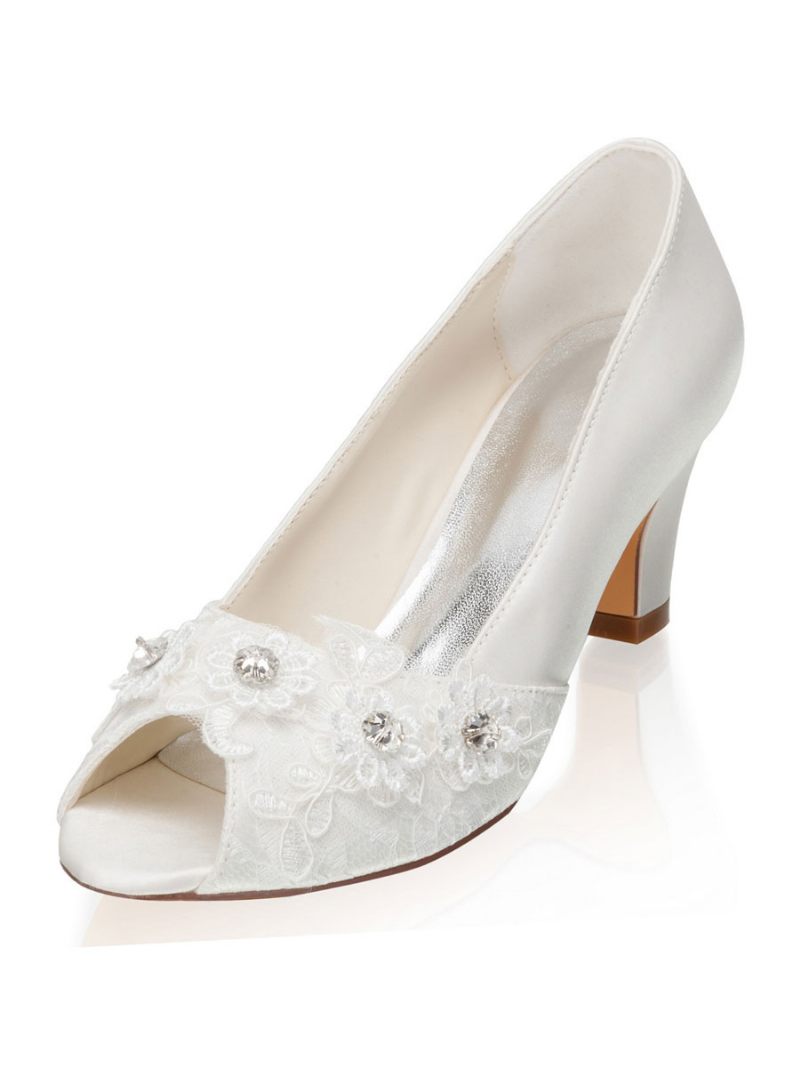 Chaussures Mariage Ivoire Pour Femmes Satin Strass Peep Toe Chunky Heel Mariée