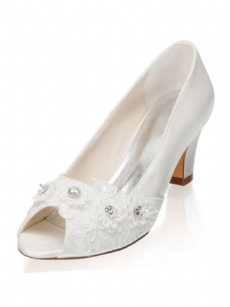 Chaussures Mariage Ivoire Pour Femmes Satin Strass Peep Toe Chunky Heel Mariée