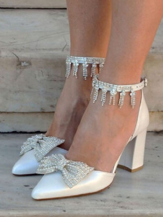 Chaussures Mariage Ivoire Pour Femmes Talon Bloc Bout Pointu Strass Nœud Bride À La Cheville Escarpins Mariée