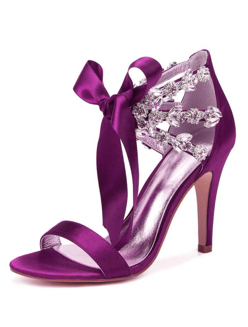 Chaussures Mariage À Lacets Et Strass Pour Femmes Sandales Talons Satin - Violet