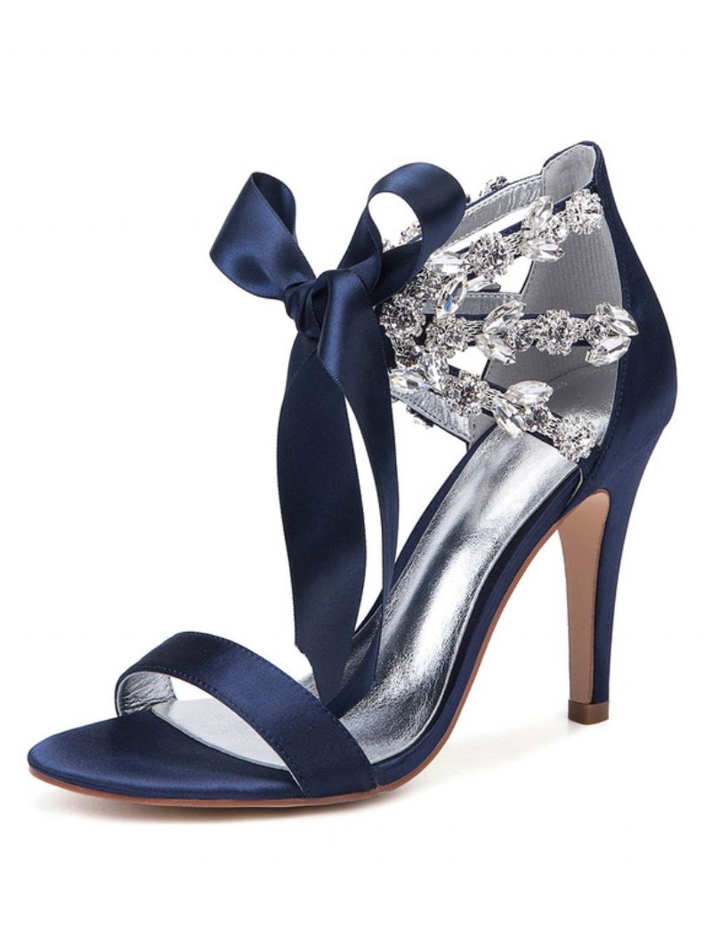 Chaussures Mariage À Lacets Et Strass Pour Femmes Sandales Talons Satin - Marine Foncé