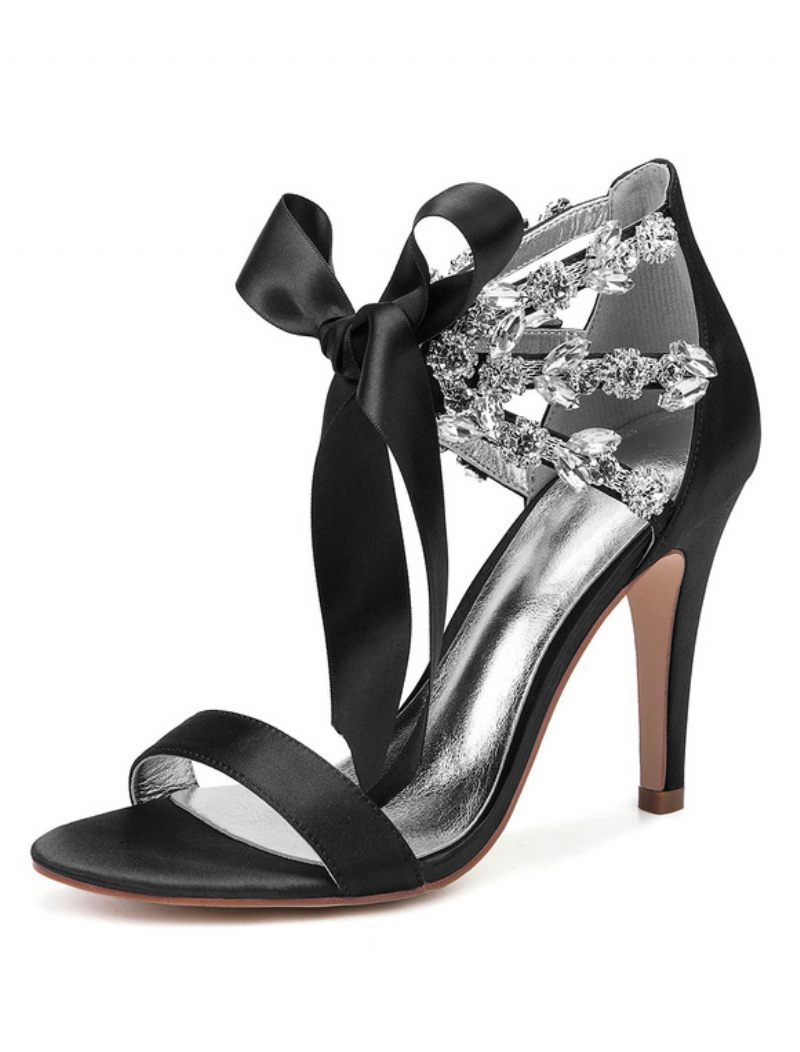 Chaussures Mariage À Lacets Et Strass Pour Femmes Sandales Talons Satin - Noir