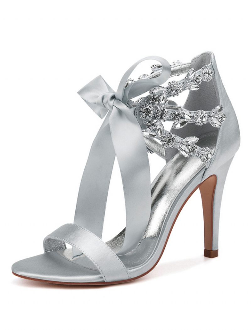 Chaussures Mariage À Lacets Et Strass Pour Femmes Sandales Talons Satin - Argent