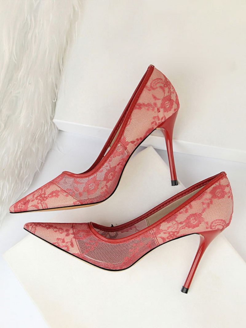 Chaussures Mariage Noires Pour Femmes Escarpins À Talons Hauts Et Bout Pointu Dentelle - Rouge