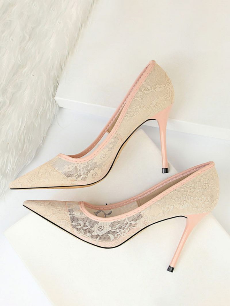 Chaussures Mariage Noires Pour Femmes Escarpins À Talons Hauts Et Bout Pointu Dentelle - Rose