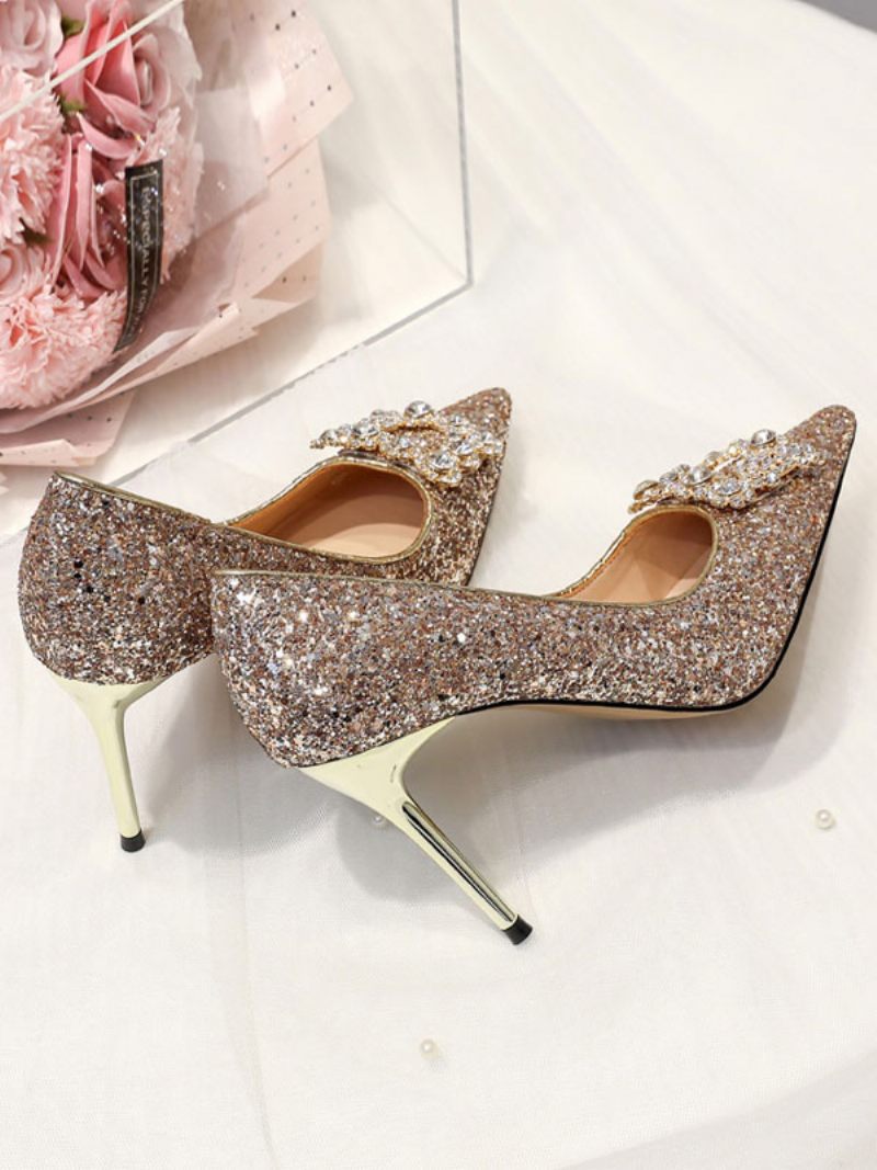 Chaussures Mariage À Paillettes Pour Femmes Escarpins Mariée Bout Pointu Et Talons Hauts - Champagne