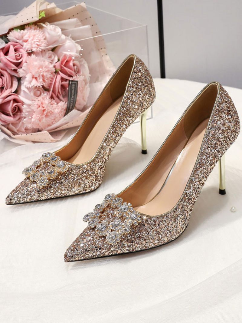 Chaussures Mariage À Paillettes Pour Femmes Escarpins Mariée Bout Pointu Et Talons Hauts - Champagne