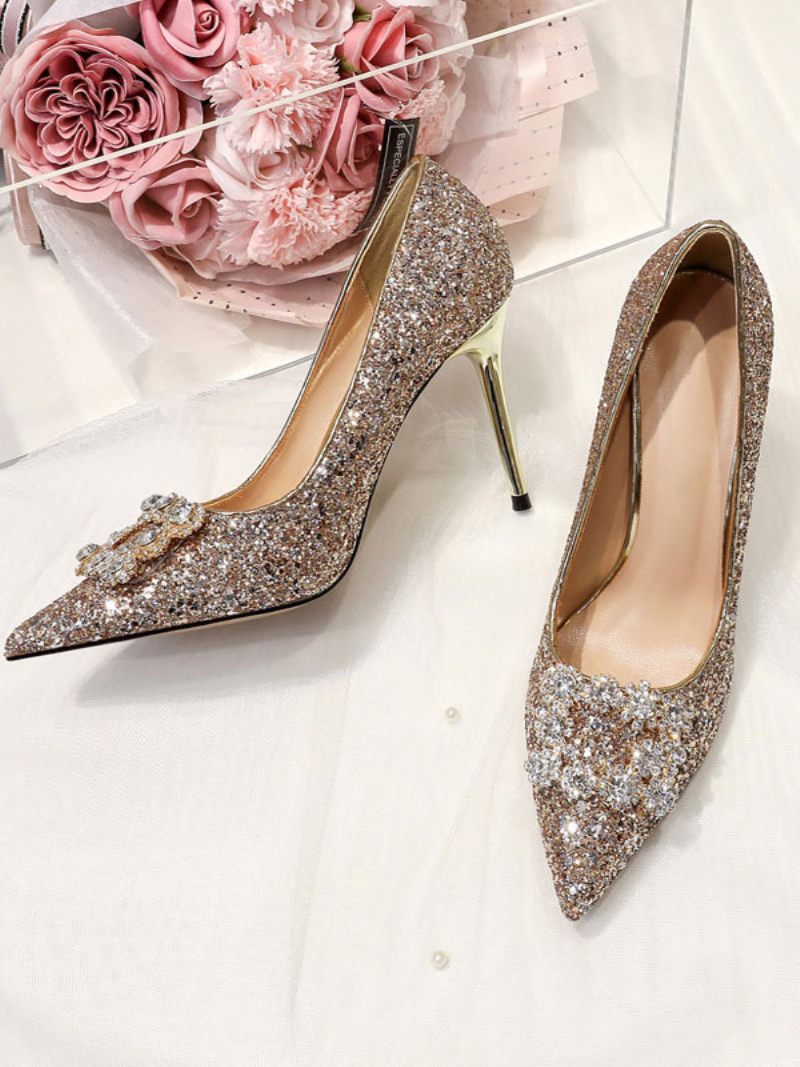 Chaussures Mariage À Paillettes Pour Femmes Escarpins Mariée Bout Pointu Et Talons Hauts - Champagne