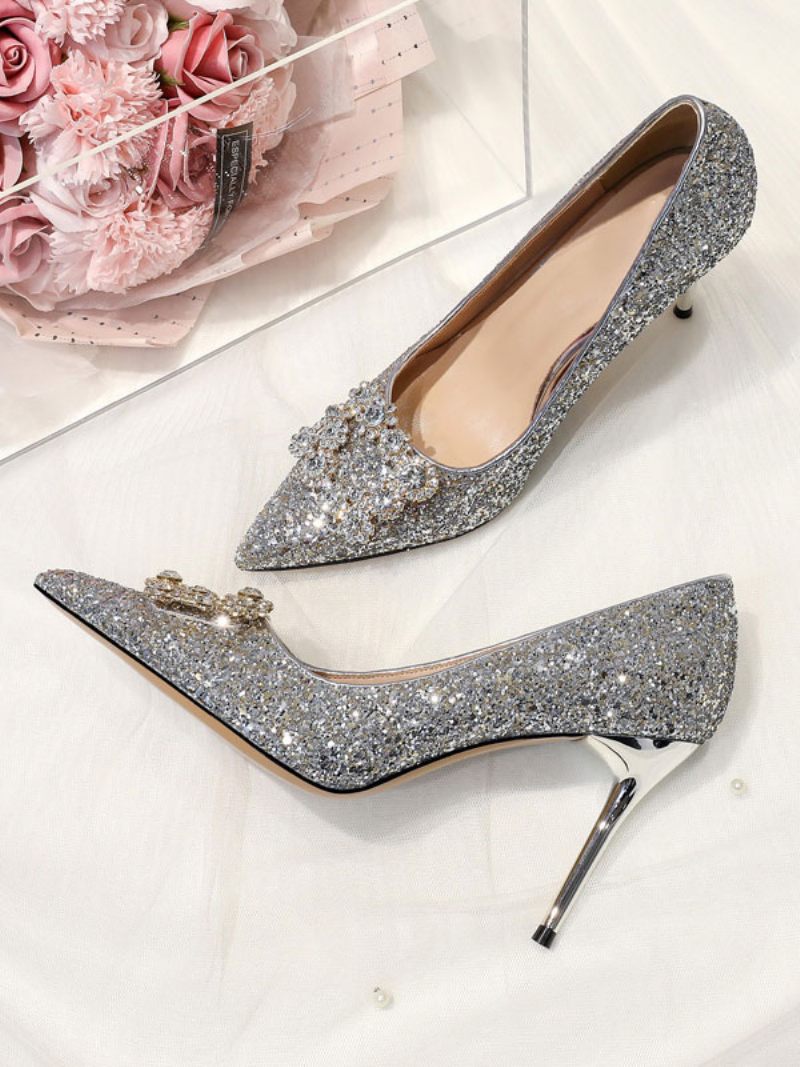 Chaussures Mariage À Paillettes Pour Femmes Escarpins Mariée Bout Pointu Et Talons Hauts - Argent