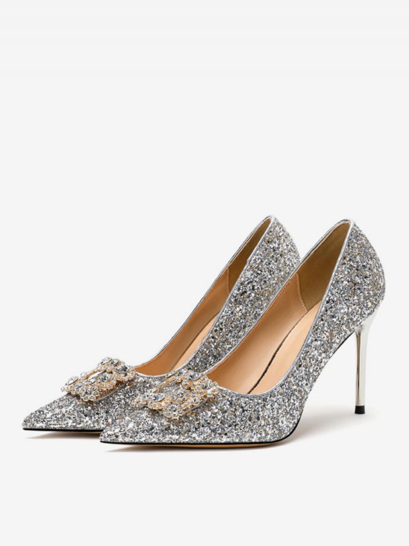 Chaussures Mariage À Paillettes Pour Femmes Escarpins Mariée Bout Pointu Et Talons Hauts - Argent