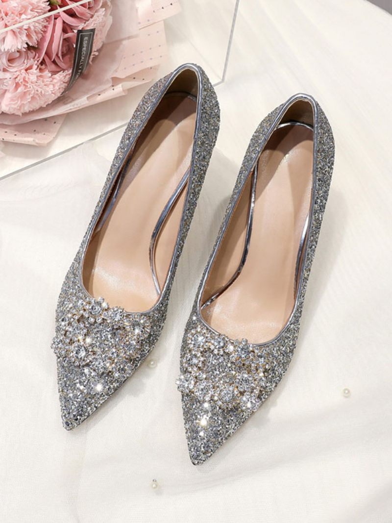 Chaussures Mariage À Paillettes Pour Femmes Escarpins Mariée Bout Pointu Et Talons Hauts - Argent