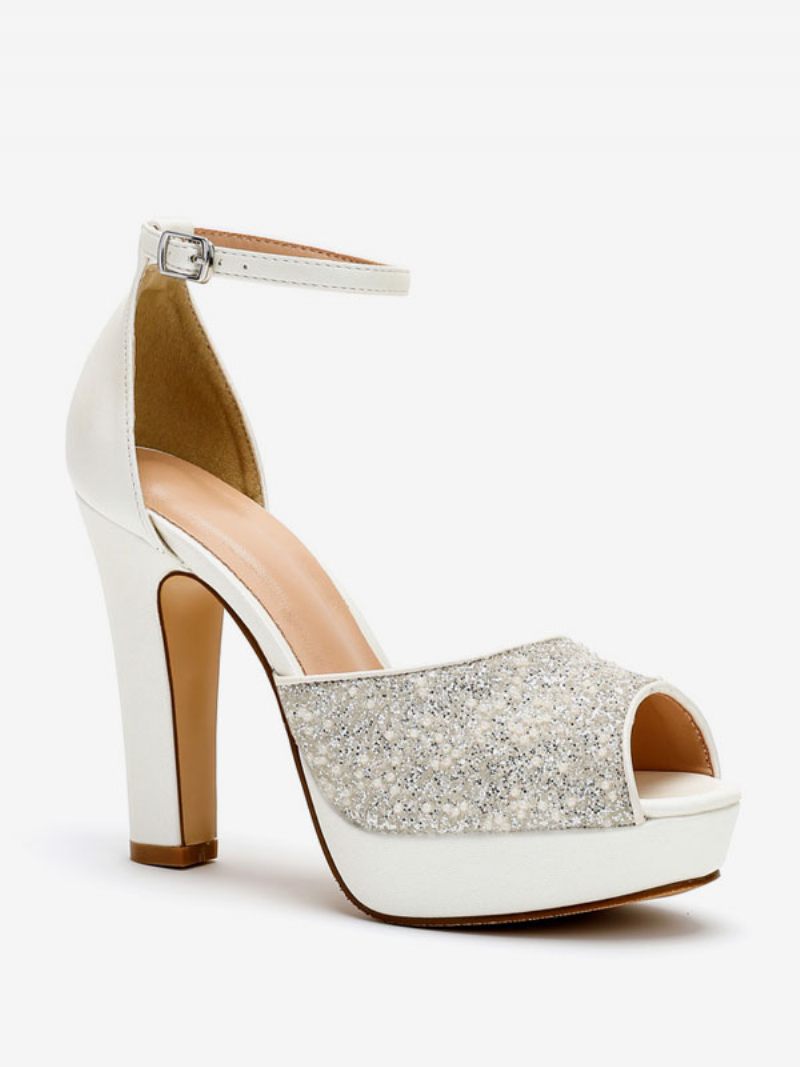 Chaussures Mariage À Paillettes Pour Femmes Escarpins Mariée Cuir Pu Bout Ouvert Et Perles Talons Hauts - Blanc