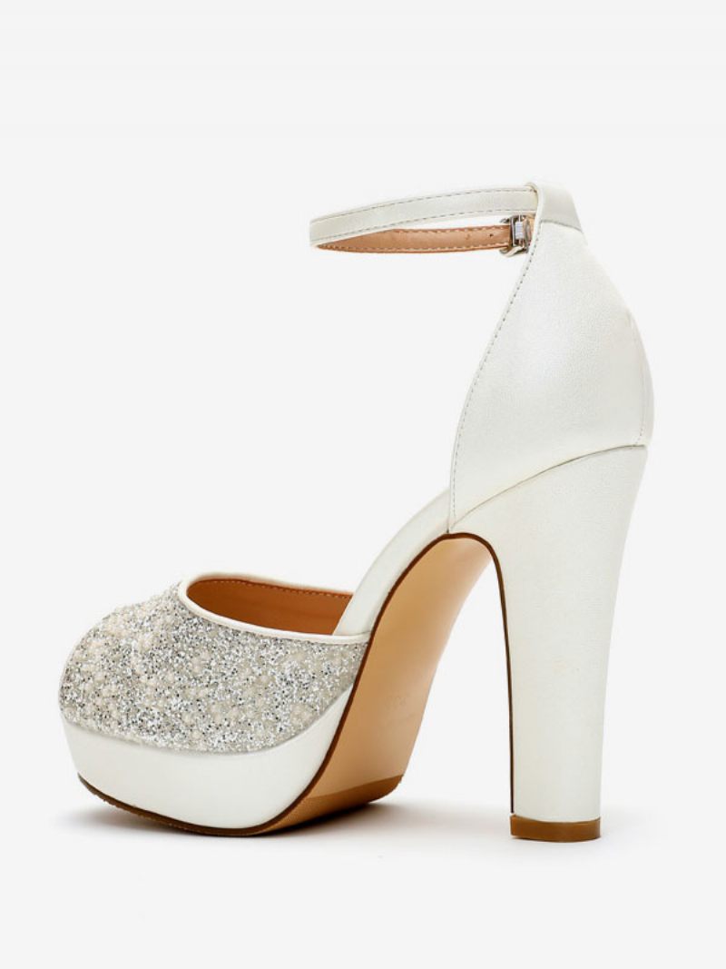 Chaussures Mariage À Paillettes Pour Femmes Escarpins Mariée Cuir Pu Bout Ouvert Et Perles Talons Hauts - Blanc