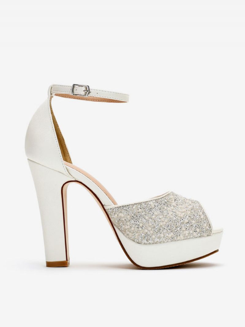 Chaussures Mariage À Paillettes Pour Femmes Escarpins Mariée Cuir Pu Bout Ouvert Et Perles Talons Hauts - Blanc