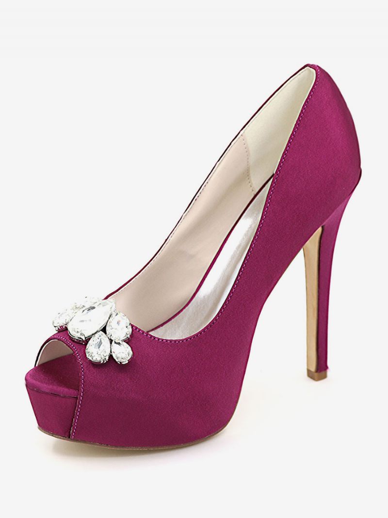 Chaussures Mariage À Plateforme Pour Femmes Escarpins Talons Aiguilles Bout Ouvert Satin - Violet