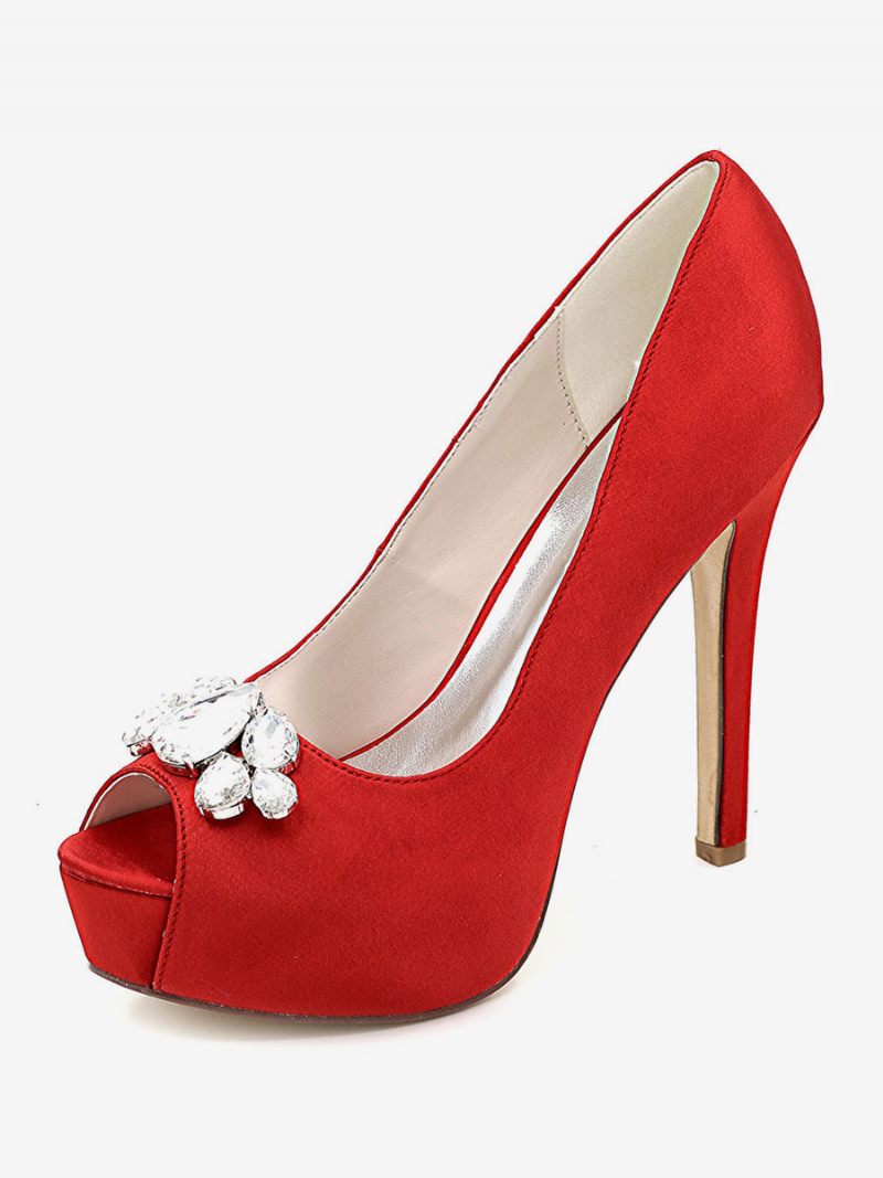 Chaussures Mariage À Plateforme Pour Femmes Escarpins Talons Aiguilles Bout Ouvert Satin - Rouge