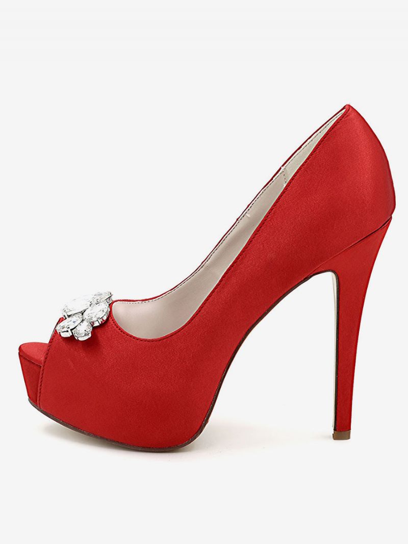 Chaussures Mariage À Plateforme Pour Femmes Escarpins Talons Aiguilles Bout Ouvert Satin - Rouge