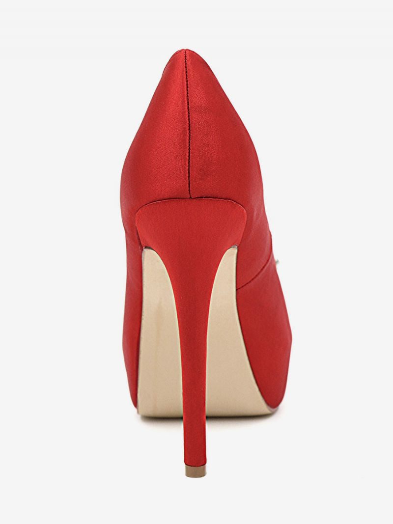 Chaussures Mariage À Plateforme Pour Femmes Escarpins Talons Aiguilles Bout Ouvert Satin - Rouge