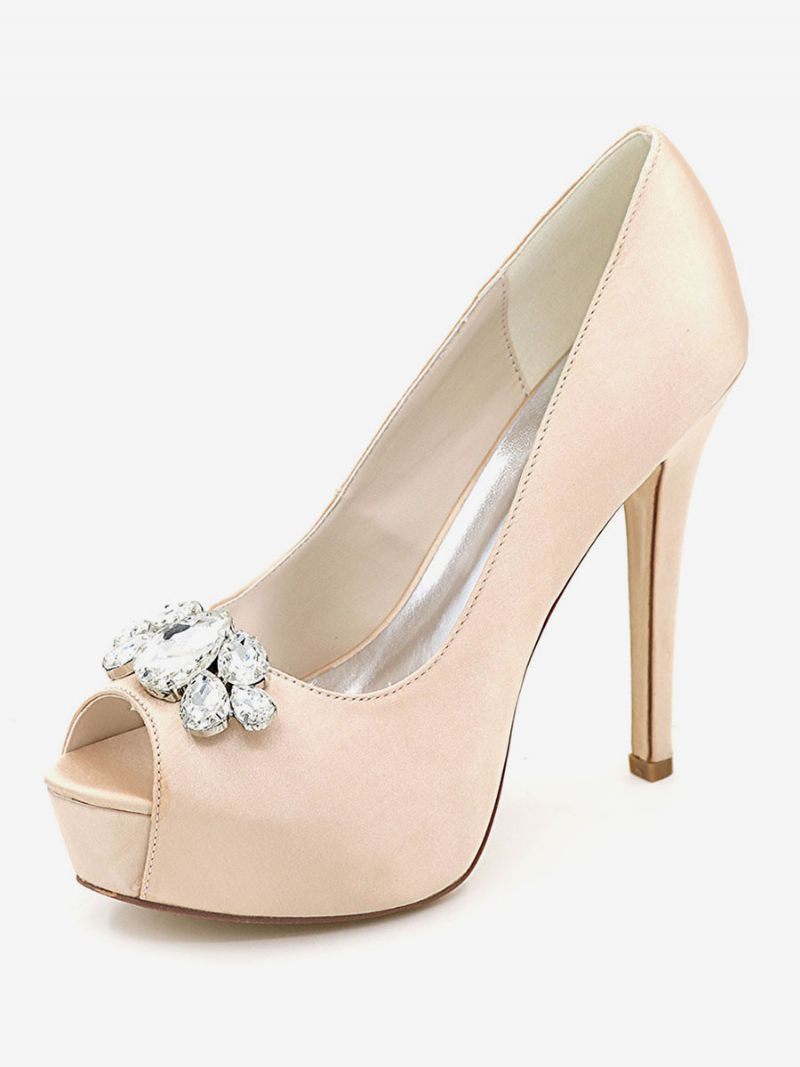 Chaussures Mariage À Plateforme Pour Femmes Escarpins Talons Aiguilles Bout Ouvert Satin - Champagne