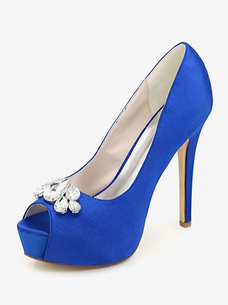 Chaussures Mariage À Plateforme Pour Femmes Escarpins Talons Aiguilles Bout Ouvert Satin - Bleu