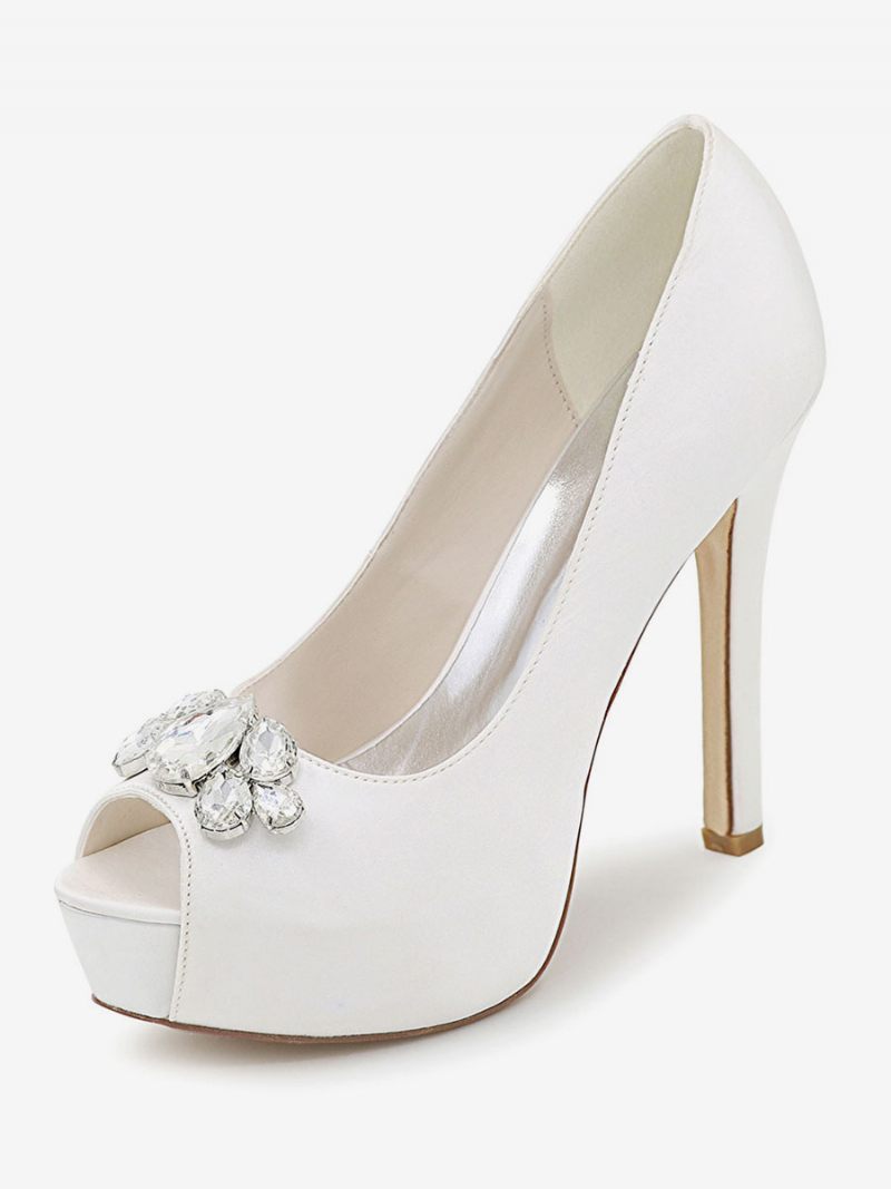 Chaussures Mariage À Plateforme Pour Femmes Escarpins Talons Aiguilles Bout Ouvert Satin - Blanc