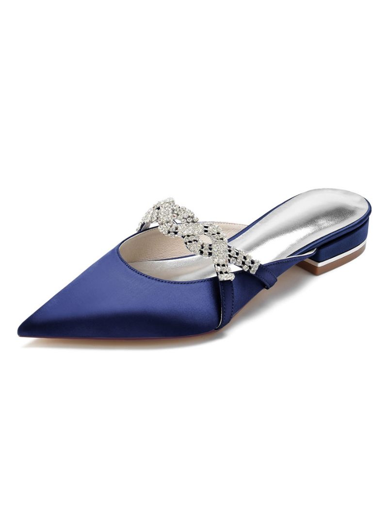 Chaussures Mariage Plates Avec Bride À La Cheville Et Strass Pour Femmes - Bleu Profond