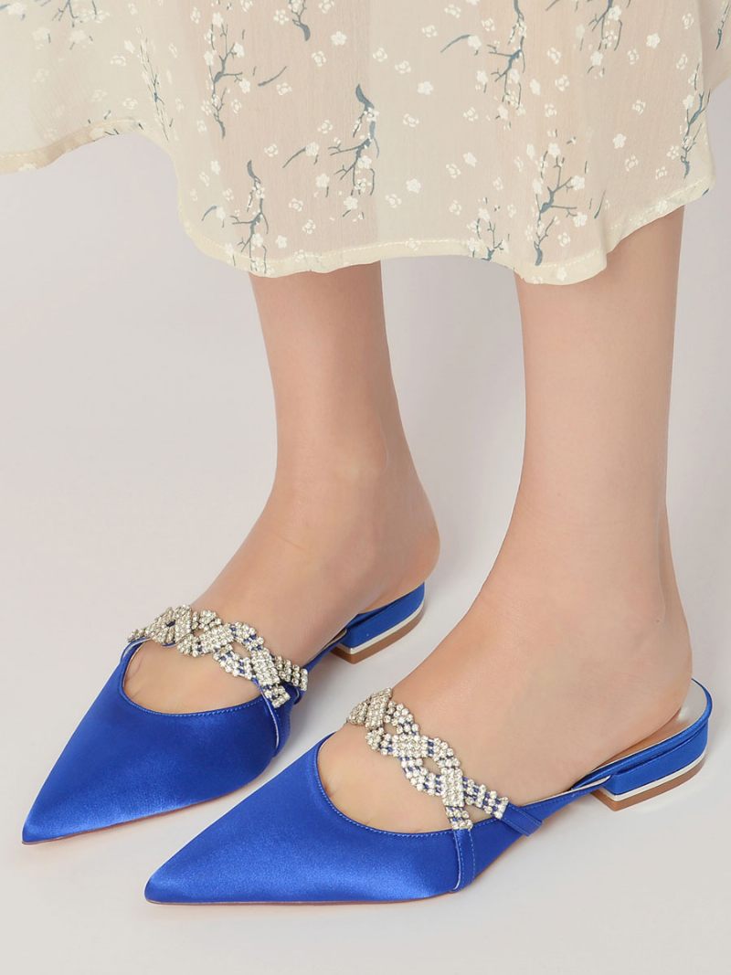 Chaussures Mariage Plates Avec Bride À La Cheville Et Strass Pour Femmes - Bleu Royal