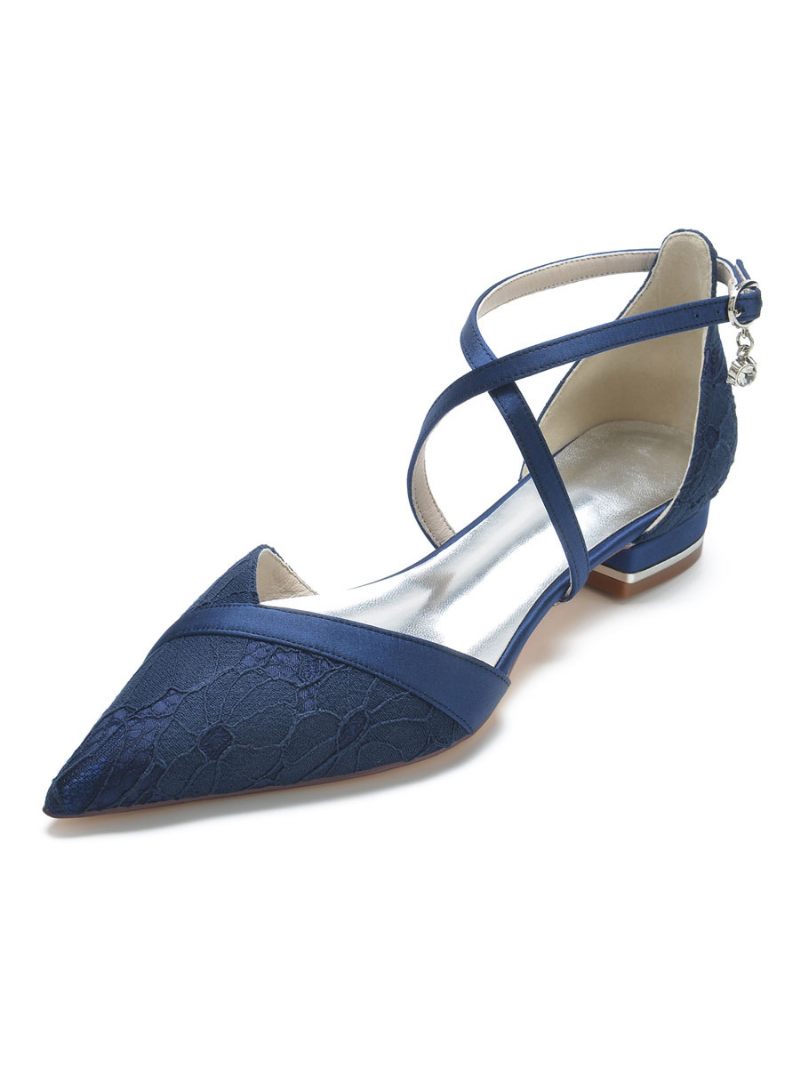 Chaussures Mariage Plates Dentelle Pour Femmes - Bleu Profond