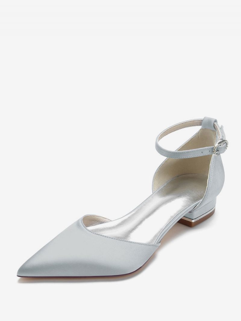 Chaussures Mariage Plates Pour Femmes Avec Bride À La Cheville Satin - Argent