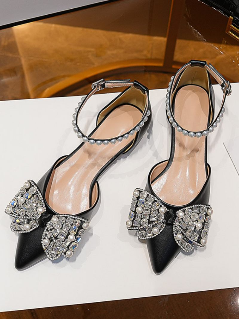 Chaussures Mariage Plates Pour Femmes Mariée À Bout Pointu Avec Strass - Noir