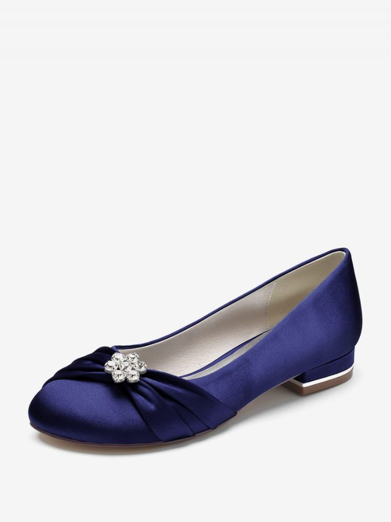 Chaussures Mariage Plates Pour Femmes Satin À Bout Rond Et Strass Mère La Mariée - Bleu Profond