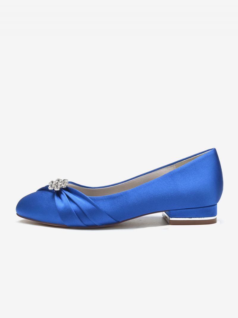 Chaussures Mariage Plates Pour Femmes Satin À Bout Rond Et Strass Mère La Mariée - Bleu Royal