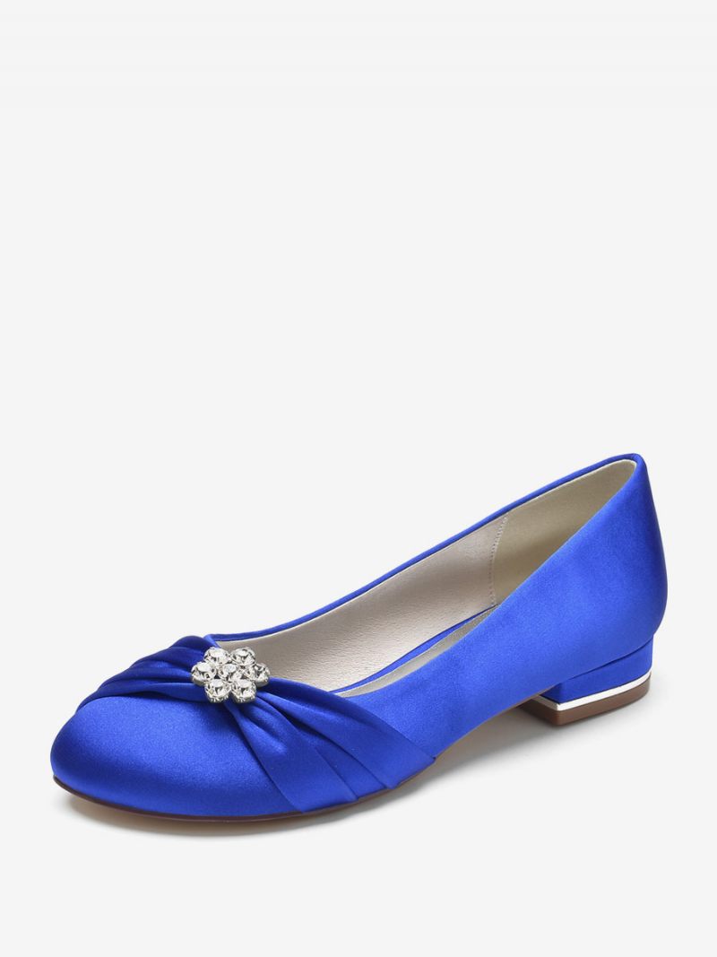 Chaussures Mariage Plates Pour Femmes Satin À Bout Rond Et Strass Mère La Mariée - Bleu Royal