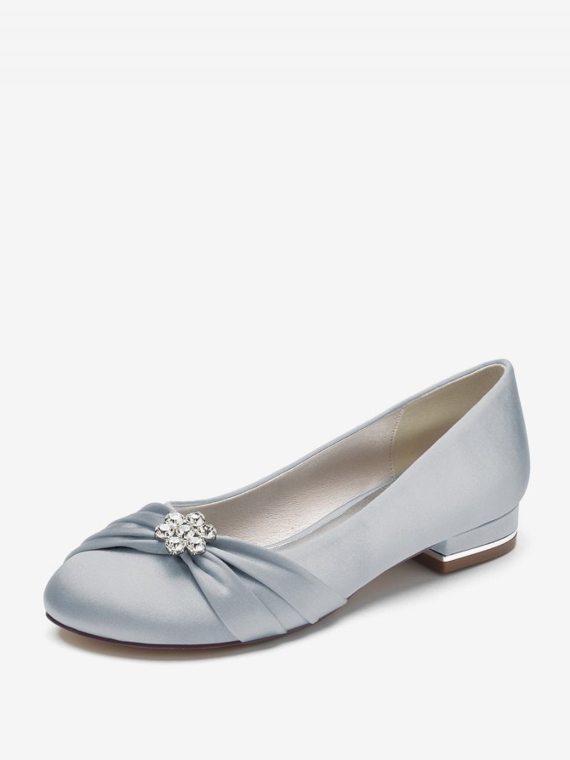 Chaussures Mariage Plates Pour Femmes Satin À Bout Rond Et Strass Mère La Mariée - Argent