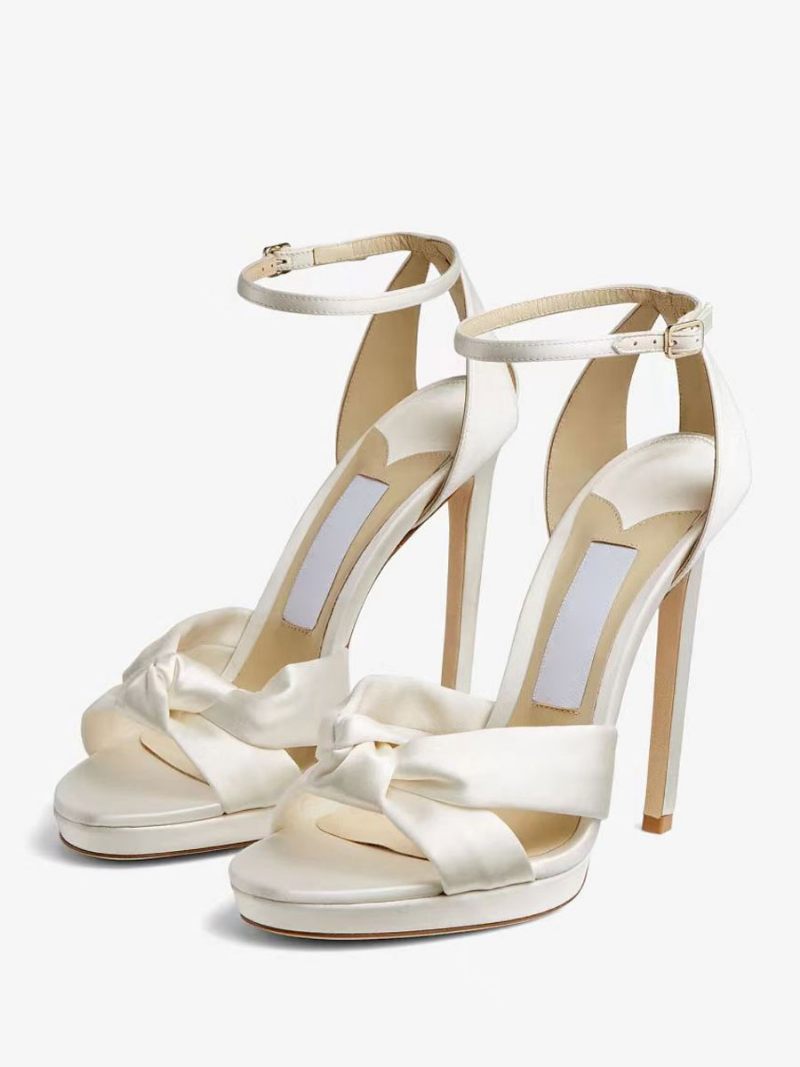 Chaussures Mariage Satin Pour Femmes Bal Blanches Bout Ouvert Bride À La Cheville Sandales Talons Hauts