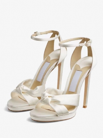 Chaussures Mariage Satin Pour Femmes Bal Blanches Bout Ouvert Bride À La Cheville Sandales Talons Hauts