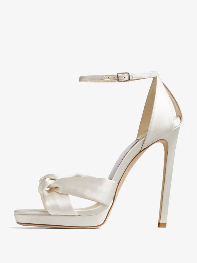 Chaussures Mariage Satin Pour Femmes Bal Blanches Bout Ouvert Bride À La Cheville Sandales Talons Hauts - Blanc